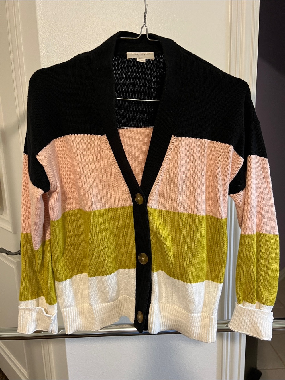 LOFT Navy Pink Olive White Striped V-Neck Button Cardigan